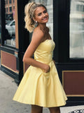 Cute Yellow A-line Strapless Satin Short Prom Homecoming Dresses with Pockets by BIZTUNNEL