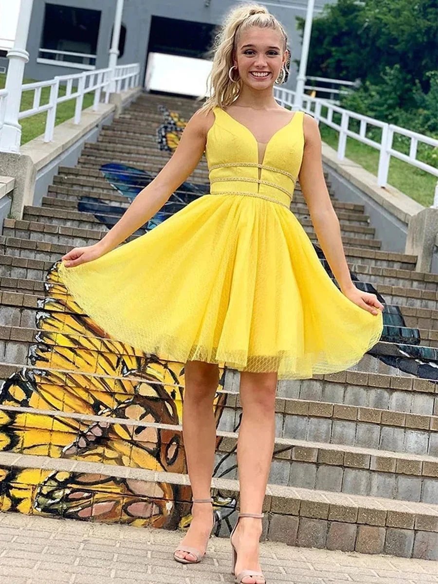 Cute Yellow Short A Line V Neck Prom Homecoming Dresses with Thin Belt by BIZTUNNEL