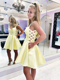 Cute Yellow Short A-line V Neck Satin Prom Homecoming Dresses with Pockets by BIZTUNNEL