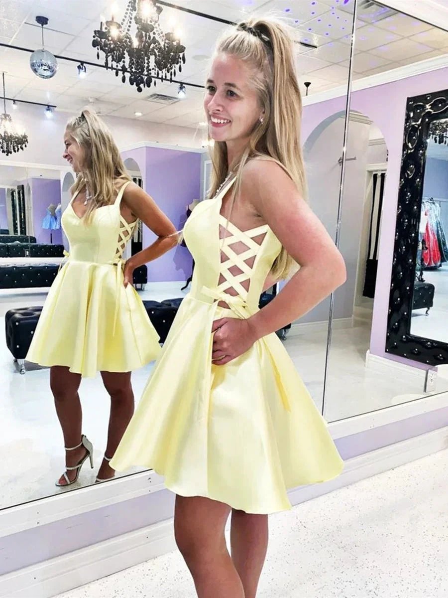 Cute Yellow Short A-line V Neck Satin Prom Homecoming Dresses with Pockets by BIZTUNNEL