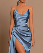 Simple Blue Satin Draped Mermaid Long Prom Dress with Slit by BIZTUNNEL