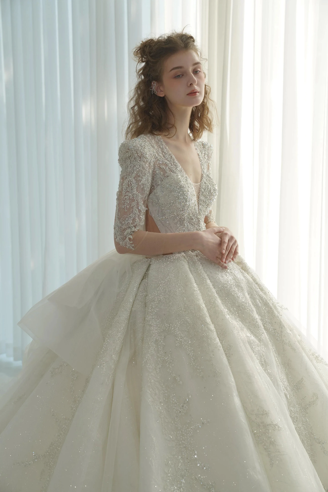 Dazzling Ball Gown Deep V-Neck Tulle Wedding Dress with Beaded Embroidery &amp; Illusion Cut-Out Back Q-6022 by ZAPDRESS