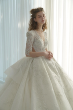 Dazzling Ball Gown Deep V-Neck Tulle Wedding Dress with Beaded Embroidery & Illusion Cut-Out Back Q-6022 by ZAPDRESS