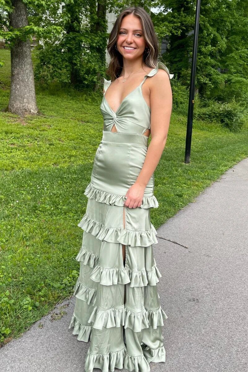 Melssa | Knotted Sage Ruffles Mermaid Tiedred Maxi Dress by KissProm