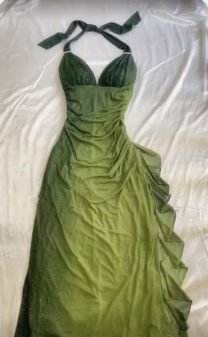 Vestido de fiesta de noche sexy de gasa con cuello en V y escote halter verde degradado Y7484