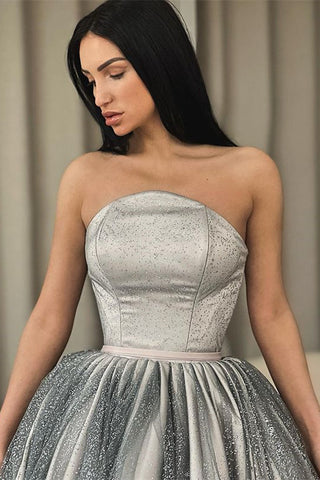 Strapless Silver A-Line Short Prom Dress Ruffle With Sequins and Tulle