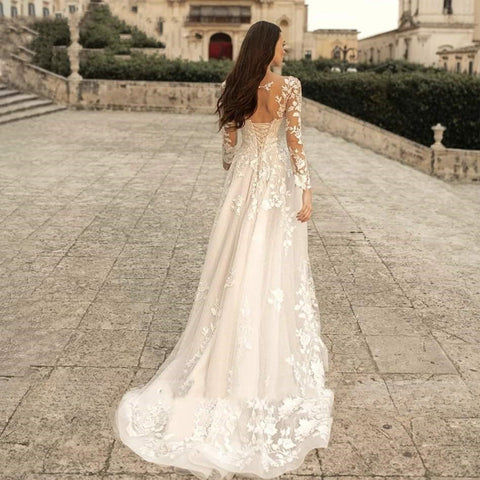 Elegant Round Neck Wedding Dresses 2023 Lace Long Sleeve Decal A-line  Fashion Women's Bridal Dress Robe Back Strap Design De