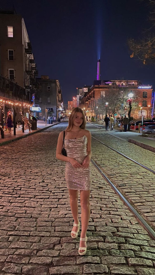 New Years Eve Outfit Dress Spaghetti Straps Sequins Party Dress Tight Homecoming Dress Y479 Main Image