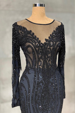 Elegante vestido de fiesta largo de sirena con encaje de tul y mangas