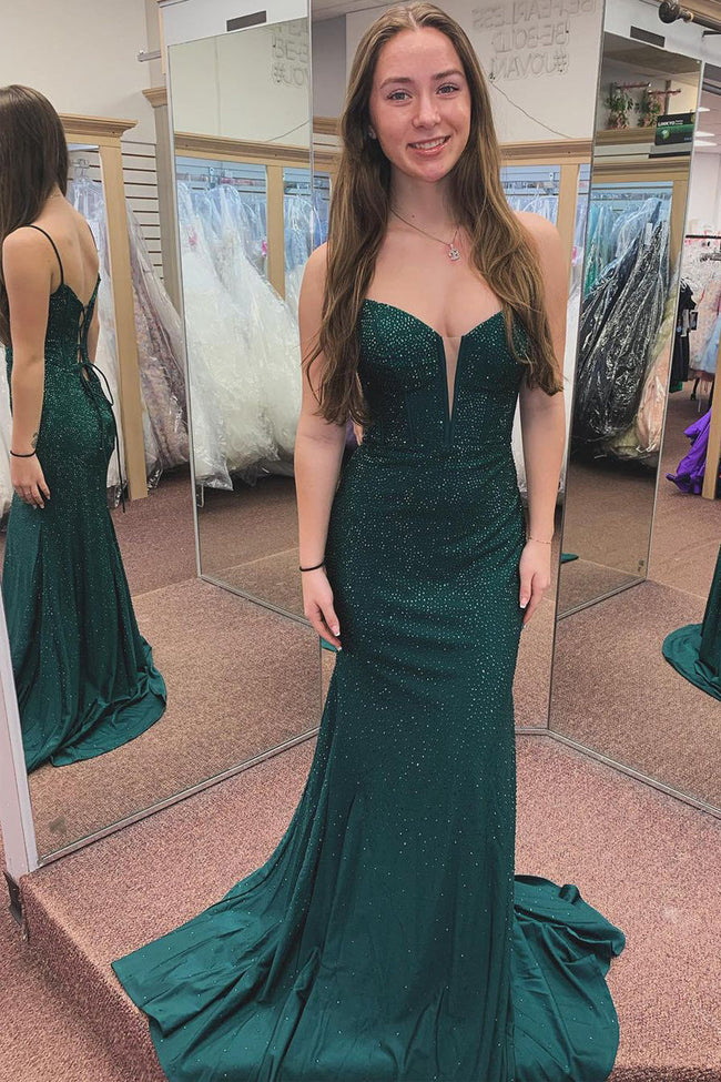 Dark Green Spaghetti Straps Beaded Mermaid Long Prom Dresses Hover Image