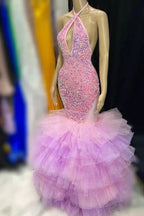 Halter Sequins Tulle Tiered Mermaid Sleeveless Prom Dress by BIZTUNNEL