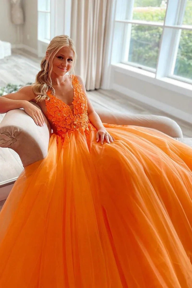 Marigold |A-Line V-Neck Long Tulle Prom Dress with Appliques by KissProm