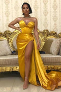 Romantic Sweetheart Strapless Burgundy Gown with Stunning Side Split by BIZTUNNEL