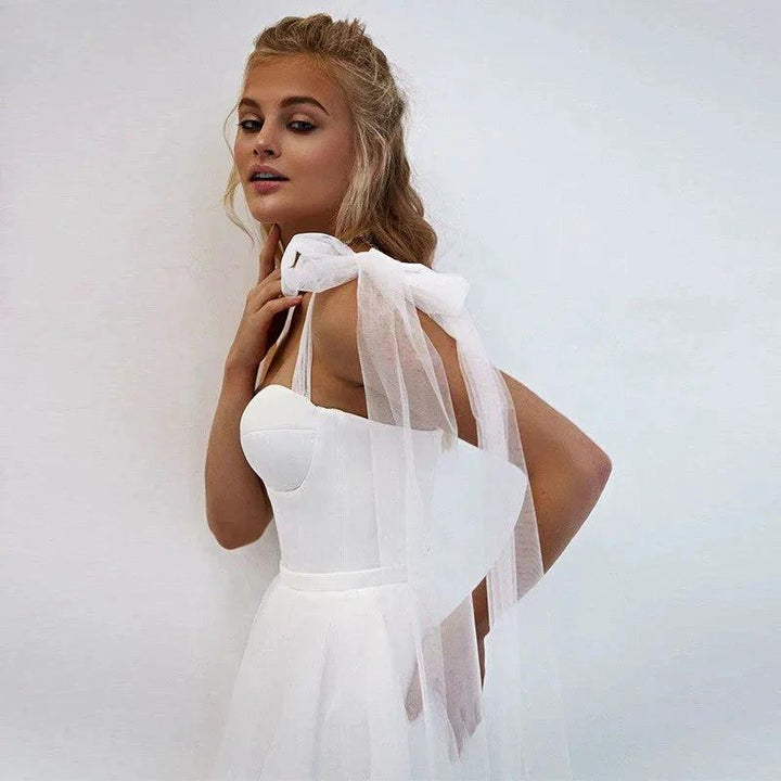 Simple White Tulle Wedding Dresses Boho Bow Spaghetti Straps A-Line Beach Wedding Party Gowns Abito Da Sposa 2021 by payinti