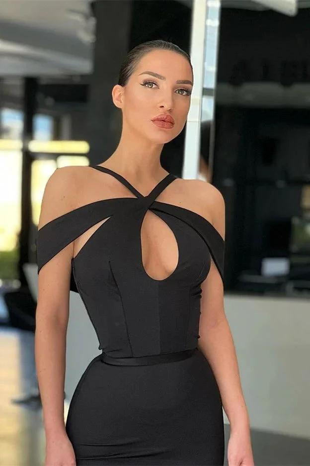 Black Long Off The Shoulder Halter Mermaid Prom Dresses by BIZTUNNEL