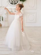 Ivory Detachable Train Princess First Communion Flower Girl Dress