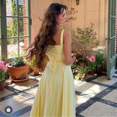 Precioso vestido de fiesta largo amarillo de satén de corte A, vestido de noche Y7578