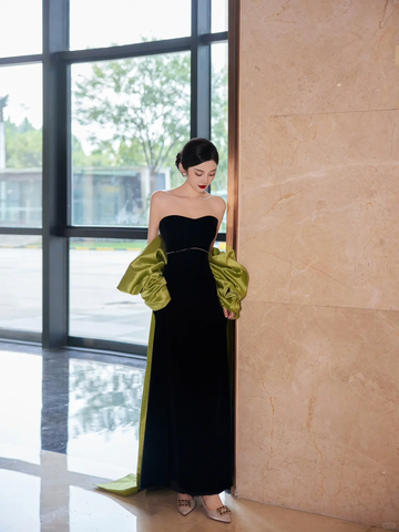 Pretty Black Strapless Satin Long Prom Dress Evening Dress With Bow Y8594