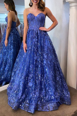 Allyson | Herzförmiges, blaues, langes Kleid mit Pailletten und Spitze
