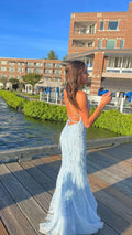 Mermaid Long Baby Blue Lace Prom Dresses Spaghetti Straps Evening Dress Y1733 by simplepromdress