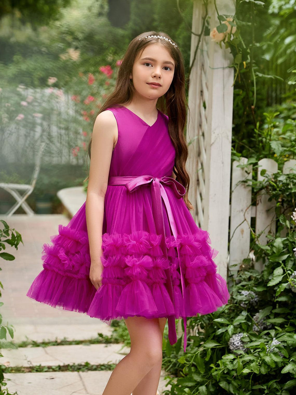 Fuchsia Princess Sleeveless Tulle Flower Girl Dress with Ruffles  (010225236) - photo 4