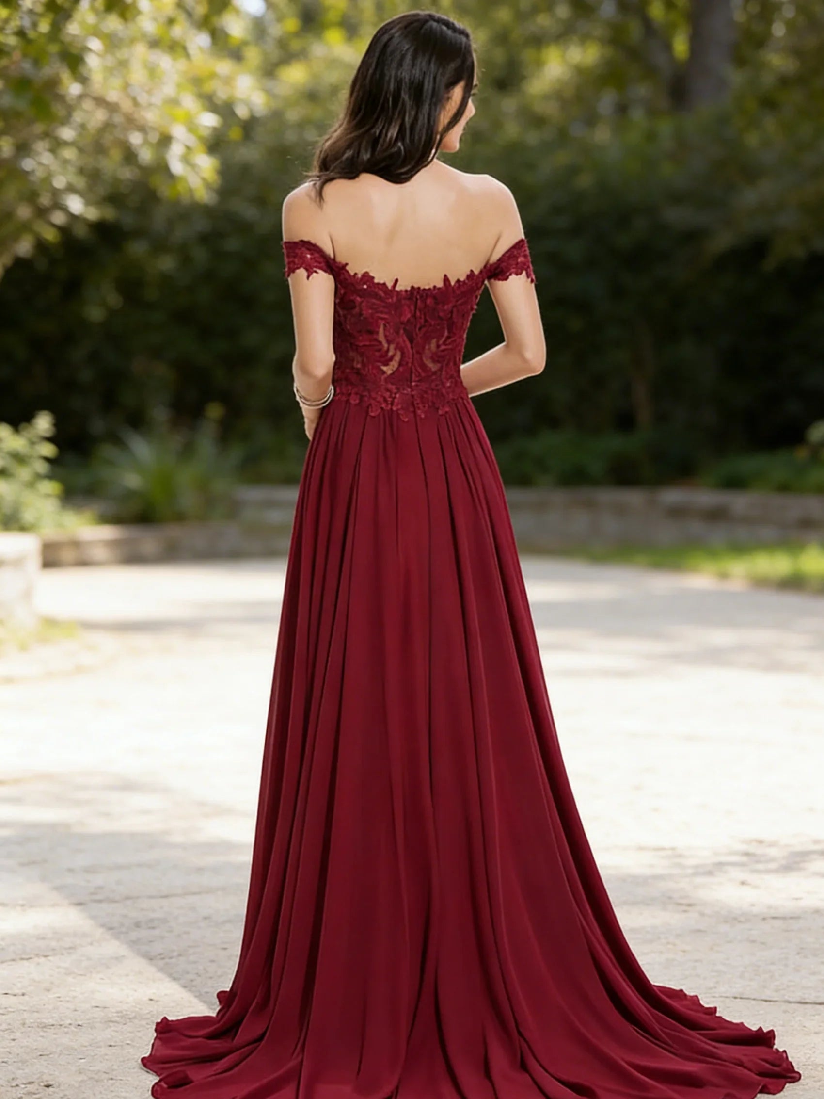 Burgundy Off-the-Shoulder Lace Evening Gown with Train