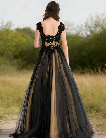 Enchanting Black Lace and Tulle Formal Evening Gown