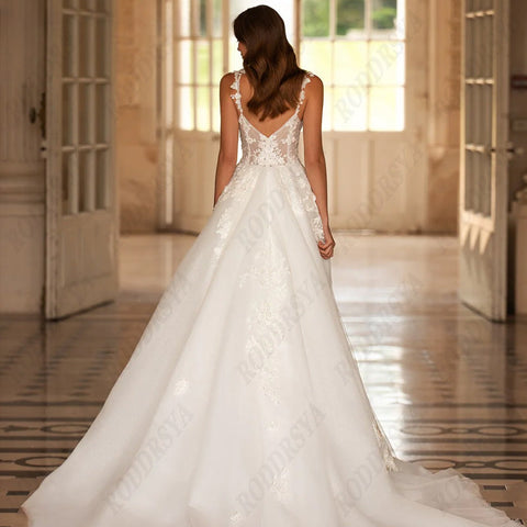 Sexy V-Neck Backless Wedding Dress For Women Romantic Tulle  Spaghetti Straps Bride Party A-line Sleeveless Bridal Gown
