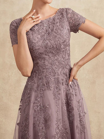 A-line Scoop Tea-Length Tulle Lace Mother of the Bride Dress