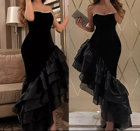 Vestido de noche sexy de sirena negro sin tirantes y con volantes, vestido formal de fiesta Y7697
