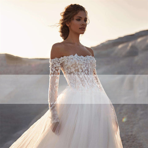 Elegant A-Line Wedding Dress 2023 Women Lace Open Back Strapless Long Detachable Sleeve Bridal Gown Sweep Train Vestido De Noiva