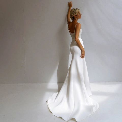 Shinning Sheath Pearl Wedding Dresses Spaghetti Strap Satiin Beads V-Neck For Women Robe De Mariée Formal Brides Gown