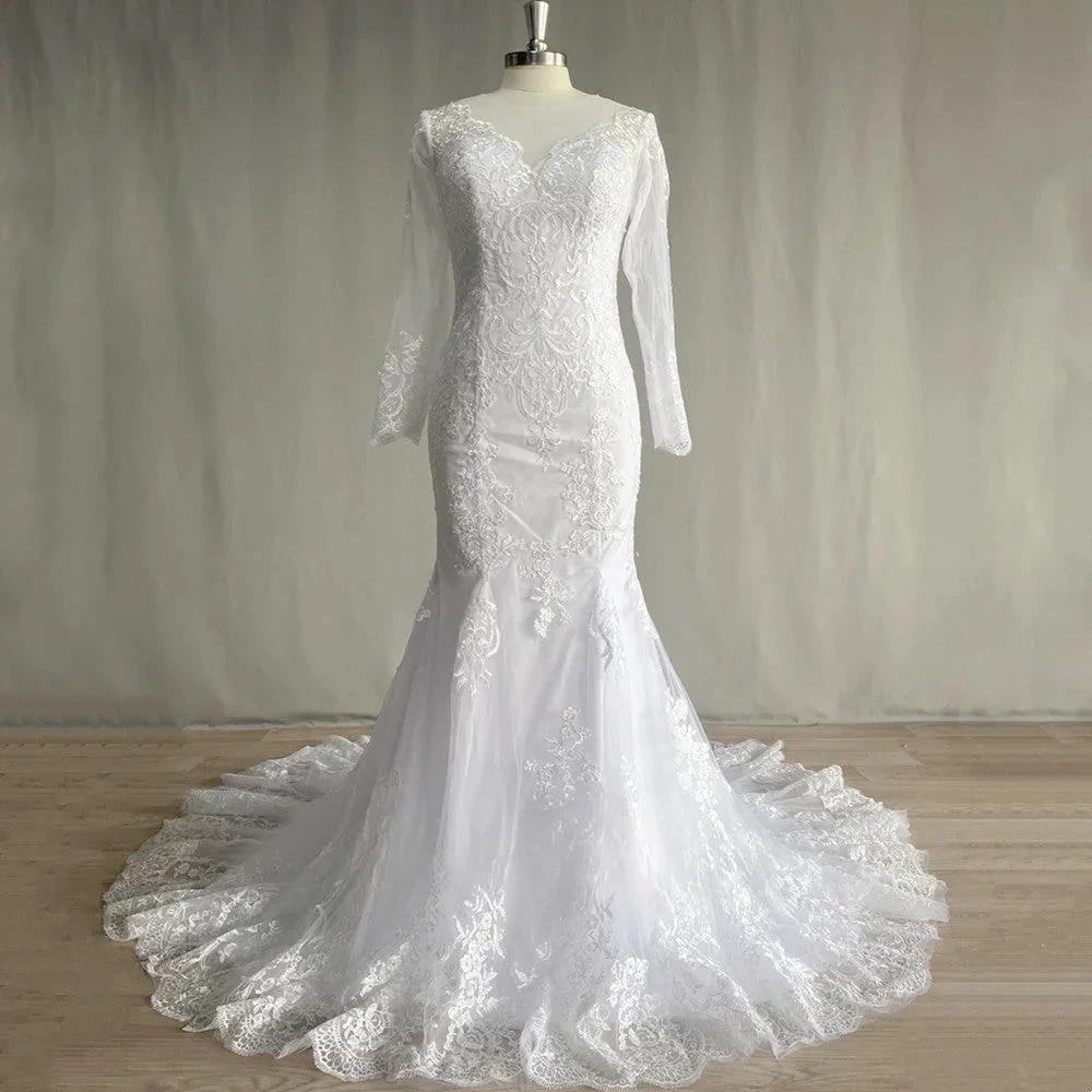 Gorgeous Lace Long Sleeve Mermaid Wedding Dresses Tulle Bridal Gown For Women Cathedral Train V-Neck Appliques Button Back by payinti