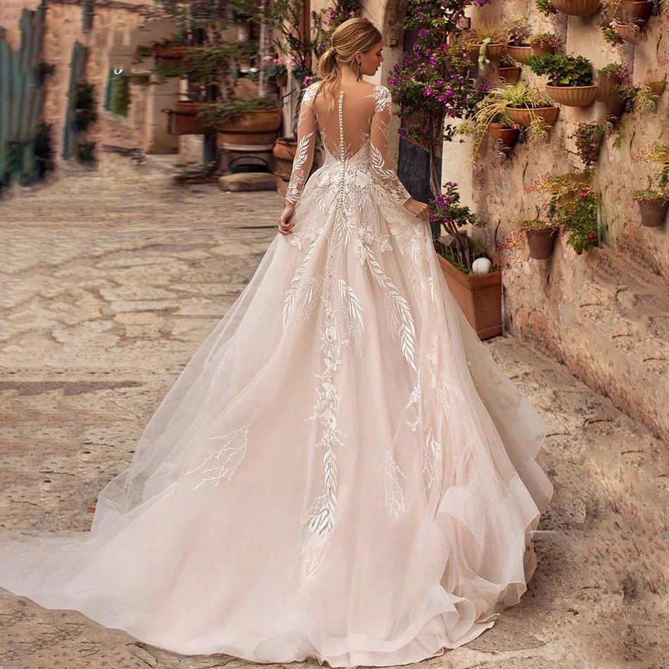 Sexy V-Neck Applique Wedding Dress Lace 2023 Illusion Long Sleeve A-Line Princess Bride Dress Bohemia Vestido De Noiva Women's by payinti