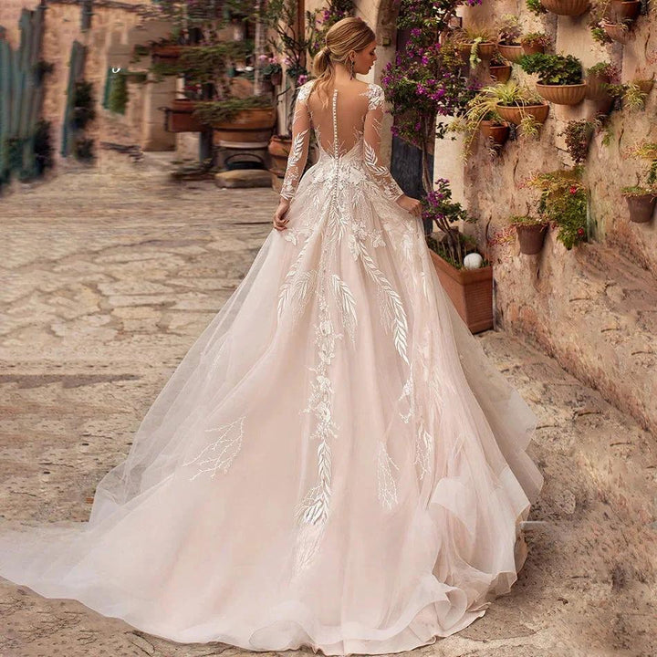 Sexy V-Neck Applique Wedding Dress Lace 2023 Illusion Long Sleeve A-Line Princess Bride Dress Bohemia Vestido De Noiva Women&