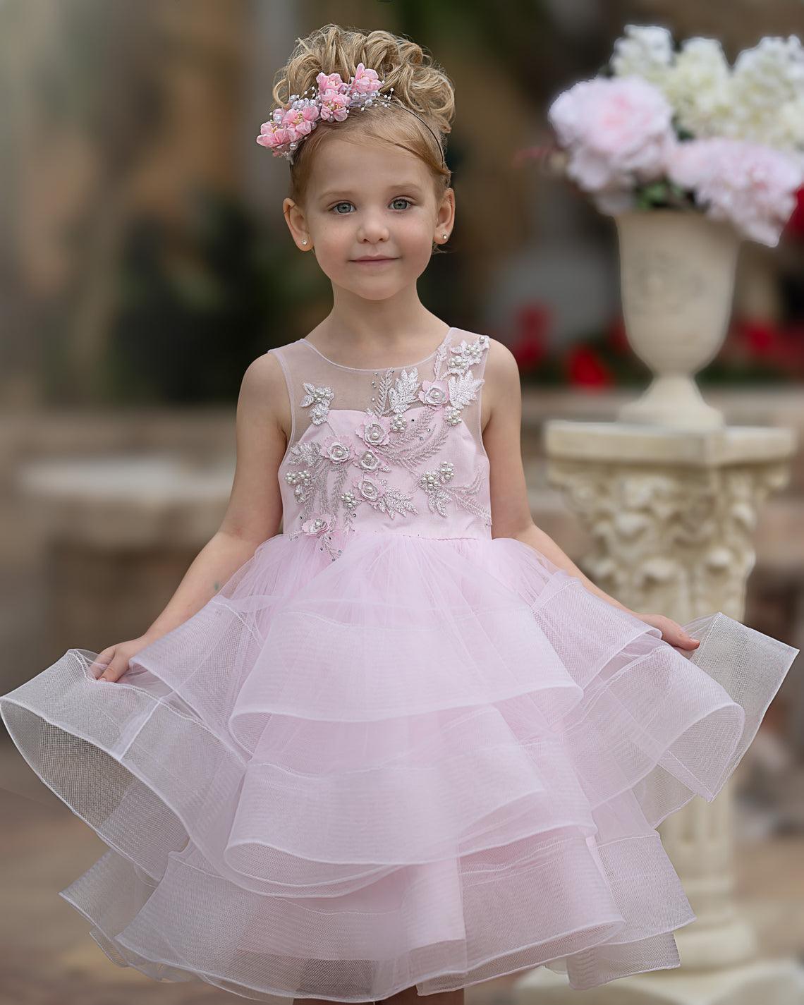 Elegant Knee-Length Pink Flower Girl Dress with Floral Appliques - photo 3