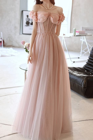 Vestido de fiesta princesa de tul rosa con cuentas y hombros descubiertos, vestido de noche Y7584