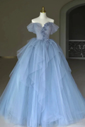 Fairy Tulle Appliques Prom Dress Blue Ball Gown Birthday Dress Y7682 by simplepromdress