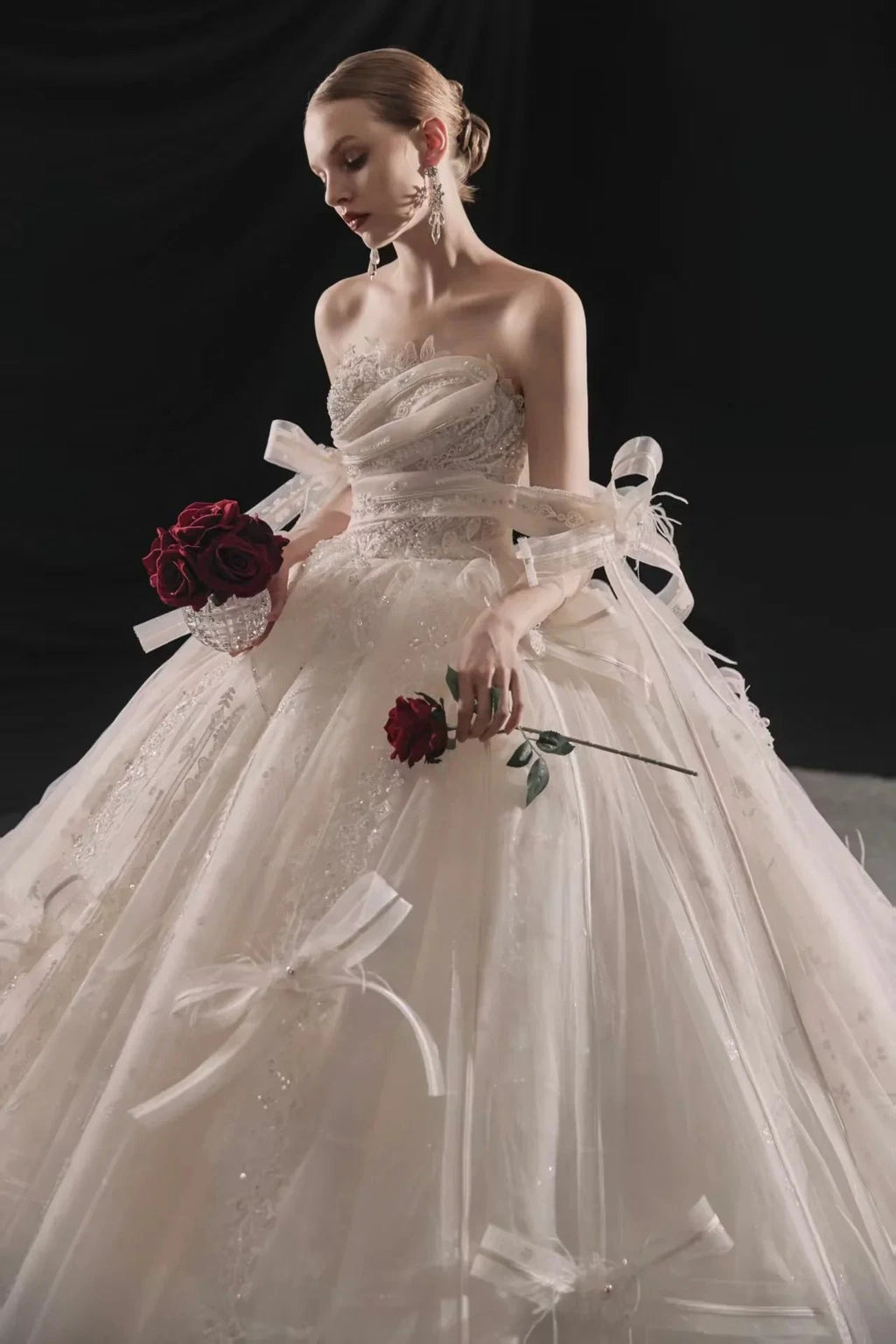 Romantic Strapless Ball Gown Tulle Ribbon Embellished Lace Wedding Dress with Voluminous Skirt H008 by ZAPDRESS