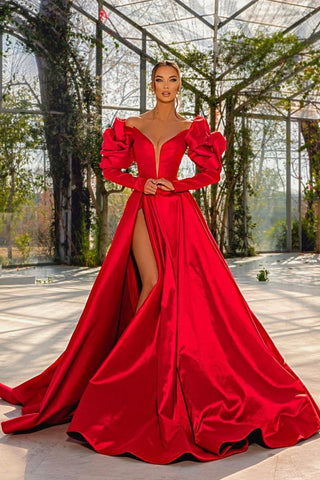 Sexy Red V Neck Bubble Sleeves Satin Long Prom Dress With Slit
