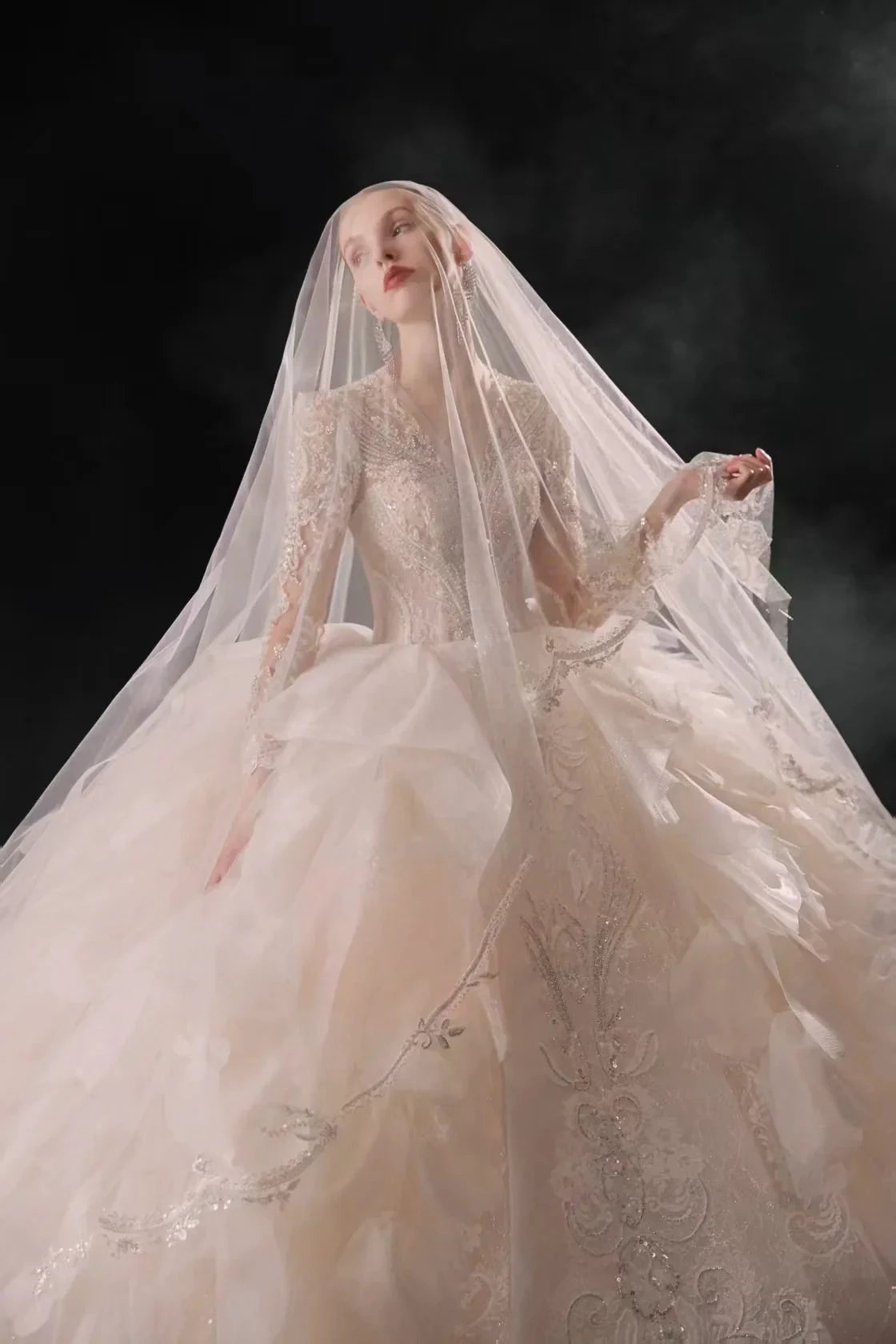 Luxurious V-Neck Ball Gown Long Lace Sleeve Beaded Embroidery Wedding Dress with Layered Ruffled Train E310 by ZAPDRESS