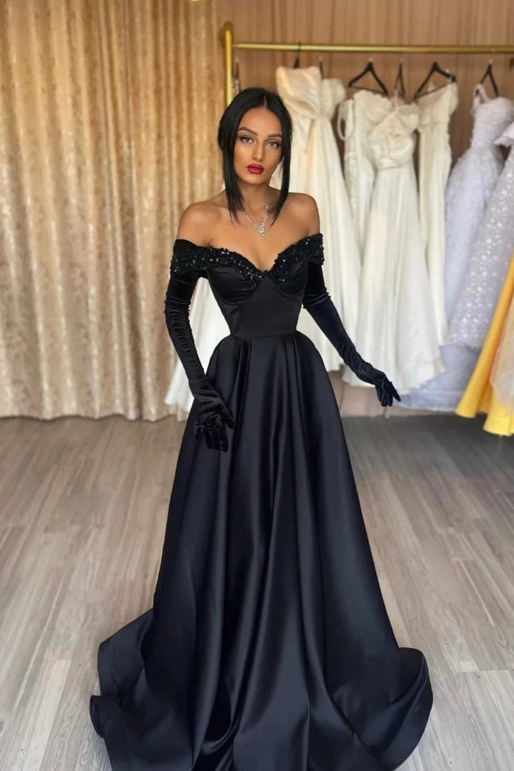 Black Long A Line Off the Shoulder Satin Prom Dress with Gloves by BIZTUNNEL