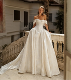 Romantic White Satin Off-the-Shoulder Ball Gown Wedding Dress with Train SW181