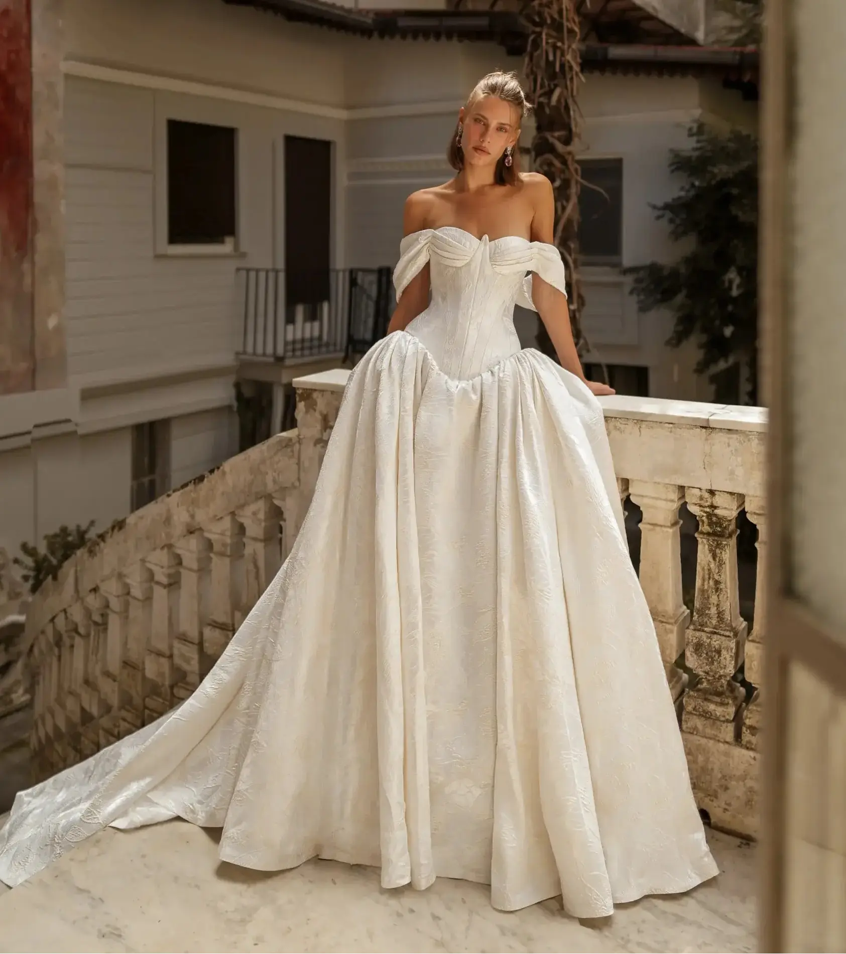Romantic White Satin Off-the-Shoulder Ball Gown Wedding Dress with Train SW181