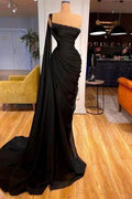 Black Strapless Draped Satin Mermaid Prom Dress with Cape and Beads by BIZTUNNEL