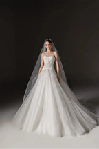 Elegant White Strapless Bodice Crystal Ball Gown Wedding Dress with Veil SW668