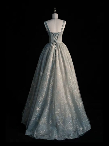 Vestido de fiesta largo de tul con encaje verde salvia, corte A, Y7544