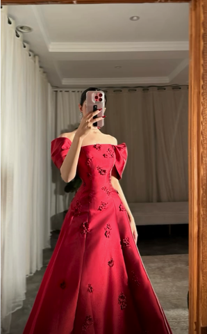 Elegante vestido de noche burdeos con flores 3D y hombros descubiertos, corte A, vestido de fiesta Y7637