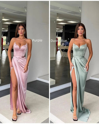 Langes Meerjungfrau-Abendkleid mit Herzausschnitt und ärmellosen Spaghettiträgern und Schlitz