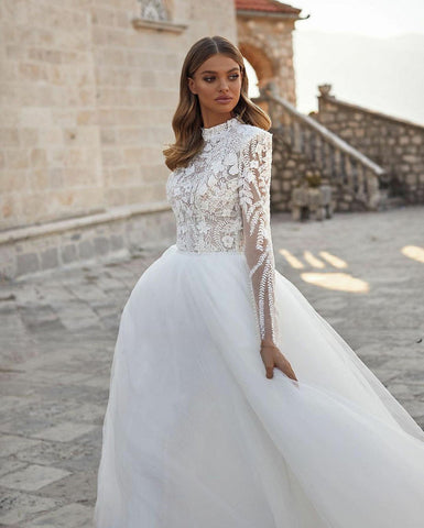 Vestidos de novia de princesa de lujo, bonitos y elegantes, modestos, con cuello redondo y mangas largas, vestidos de novia musulmanes, vestidos de novia 